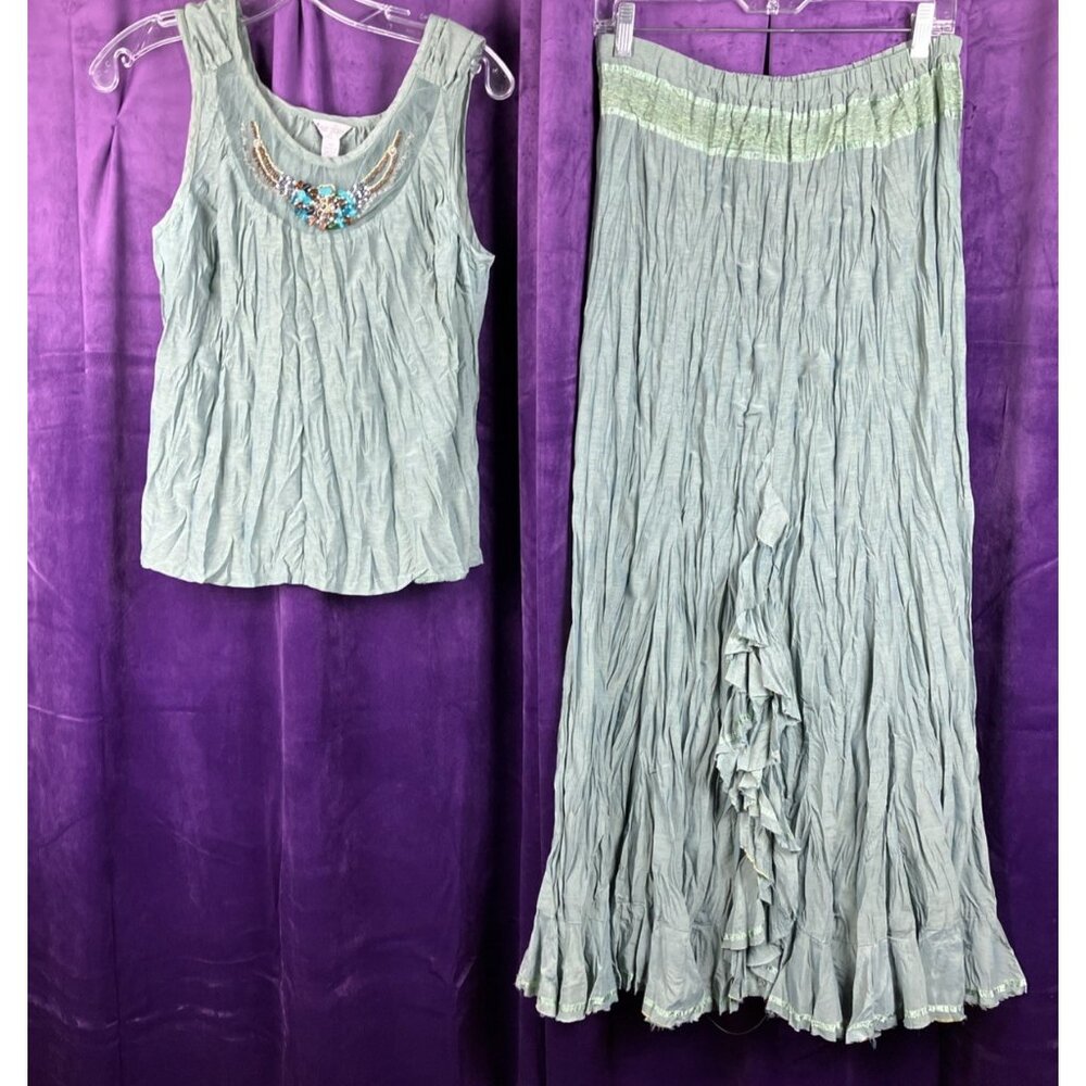M Vintage Y2K Anne Giorgio 2 Pc Tank Skirt Dress Set Crinkle Beaded Detail Sage